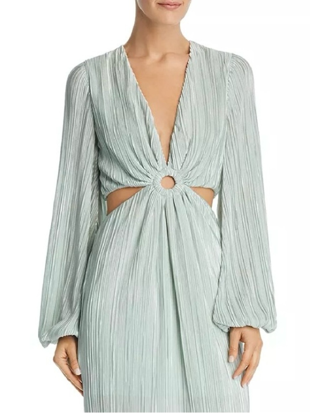 Ronny Kobo Collection Pleated Light Blue Ring-Front Mini Dress